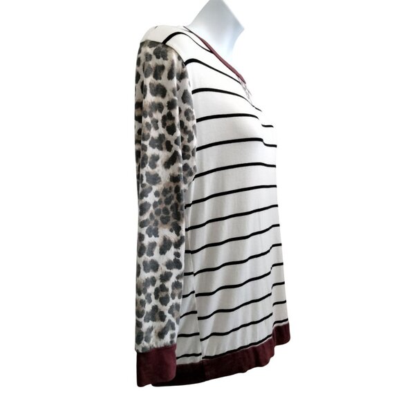 HoneyMe Medium Top Womens V-Neck Striped & Leopard Pattern Tunic Long Sleeve - Picture 4 of 9